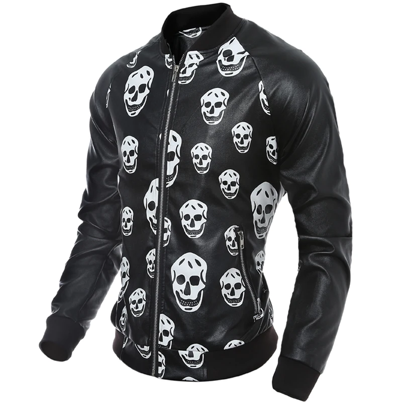 Мужская кожаная куртка в стиле хип-хоп черная приталенная из искусственного