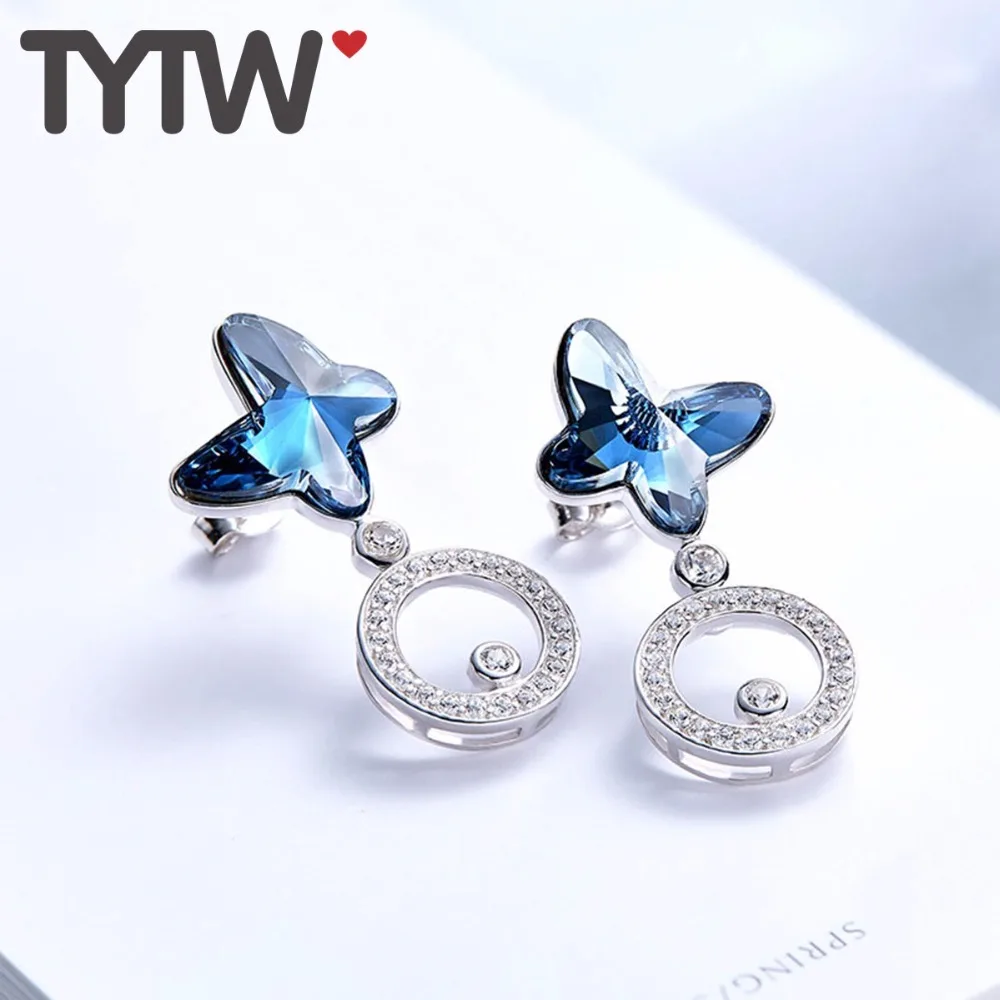 TYTW 925 Sterling Silver Dazzling Stud Earring Crystals form Austrian Blue Fashion Women Butterfly Earrings Chic Jewelry | Украшения и