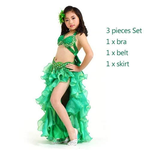 Green bra belt skirt Высший сорт детская одежда для танца живота 3 шт Восточный костюм бюстгальтер, пояс, юбка девушки набор костюма для танца живота Профессиональный - Цвет: Green bra belt skirt