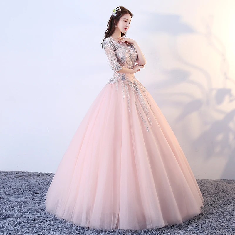 Розовое Бальное Платье с коротким рукавом и аппликацией из бисера Vestido Debutante с длинным рукавом 16 платьев Vestidos De 15