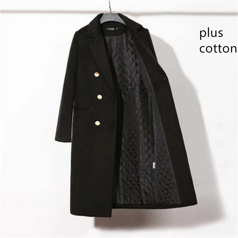 black plus cotton Новинка, осенне-зимние женские шерстяные куртки с длинным рукавом, длинное женское весеннее пальто с отложным воротником, тонкая модная верхняя одежда X323 - Цвет: black plus cotton