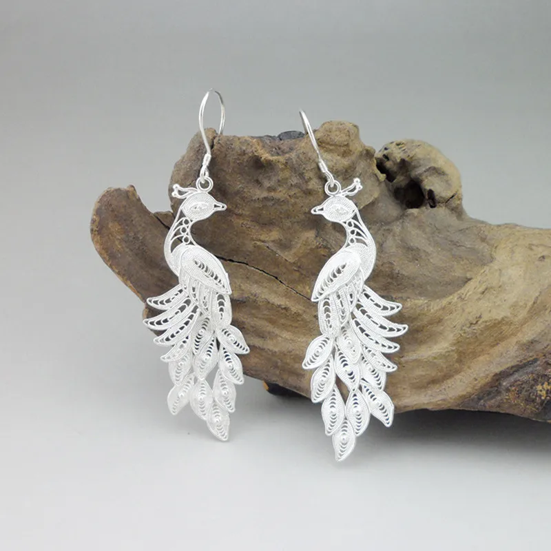 Серьги в виде павлина для женщин 999 серьги из стерлингового серебра ювелирные