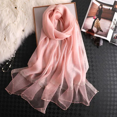 Pale pink Роскошный брендовый женский шарф роскошные летние шелковые шарфы Дамская шаль накидка хиджаб платок Женская бандана Пашмина жемчужная драгоценность повязка на голову - Цвет: Pale pink