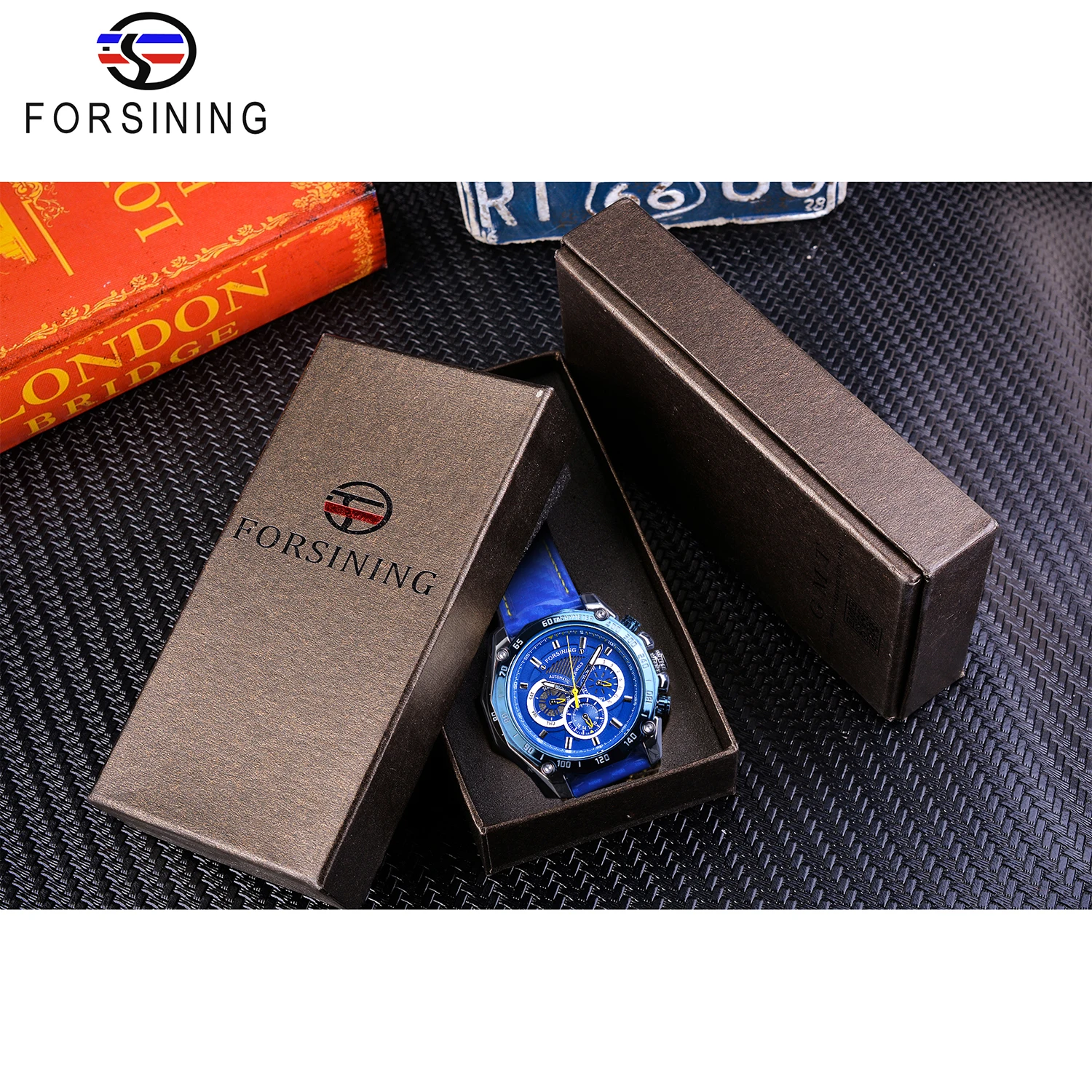 Мужские автоматические часы Forsining Blue модные спортивные с большим циферблатом