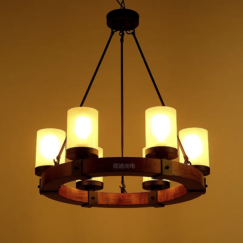 

American retro industrial Led Hanging Lights E27 6/8 heads round shape Candle wooden lamp A84