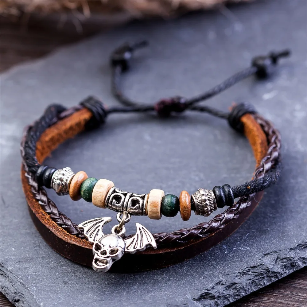 2022 летучая мышь кожаные браслеты с черепом для женщин и мужчин ювелирные изделия