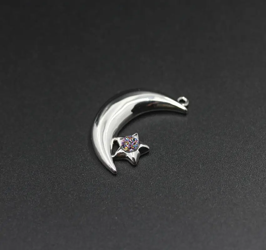 New!!! Crescent Moon&ampStars Inlay Rainbow Agates Druzy Round Beads Copper Plateds Silver Pendants Geode Quartz Drusy Charms | Украшения и