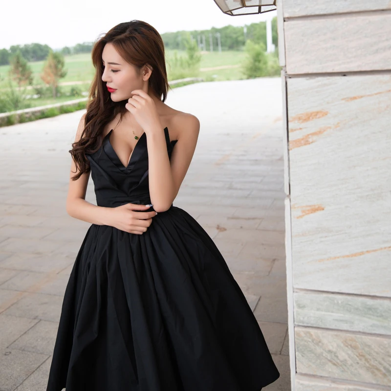 

Le Palais Vintage Black Sexy Big Swing Dress Off Shoulder Elegant Wrapped Chest Low-cut Slim Waist Women Summer Dress