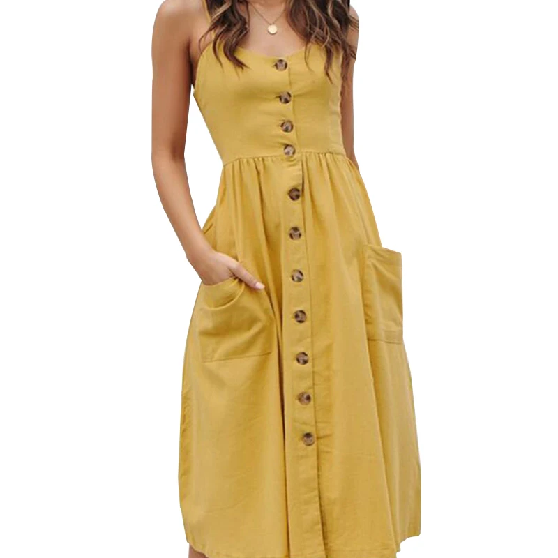 

NORMOV Solid Women Dress Summer Square Collar Backless Strapless Button Pockets Knee Length Polyester Spaghetti Strap Dress