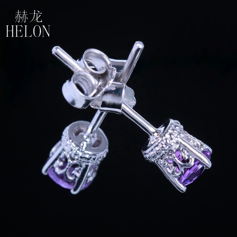 HELON Art Deco серьги с аметистом Твердые 14 к белое золото натуральный 4 мм круглый аметист Свадебные модные современные женские серьги