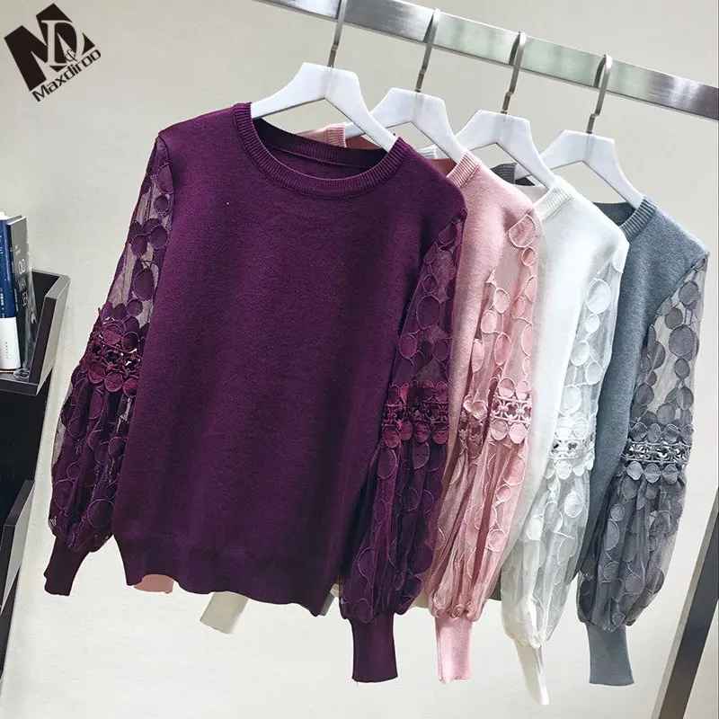 MAXDIROO Women Spring Autumn Knitted Pullover And Sweaters Hollow Out Lace Lantern Sleeve Tops Sueter Mujer | Женская одежда