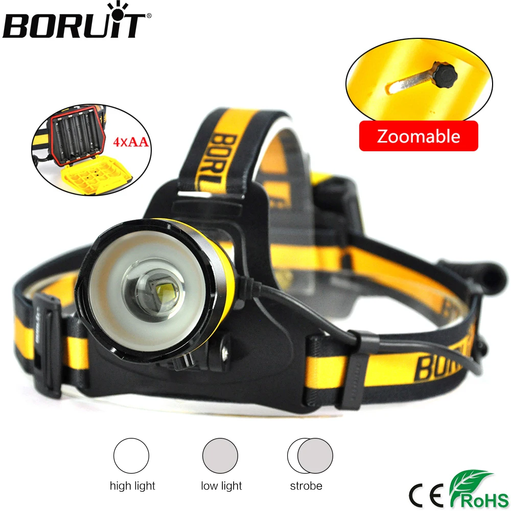 BORUiT B16 Zoomable 3-Mode фара XM-L2 светодиодный 1200LM налобный фонарь с функцией памяти Головной фонарь для охоты кемпинга фонарик