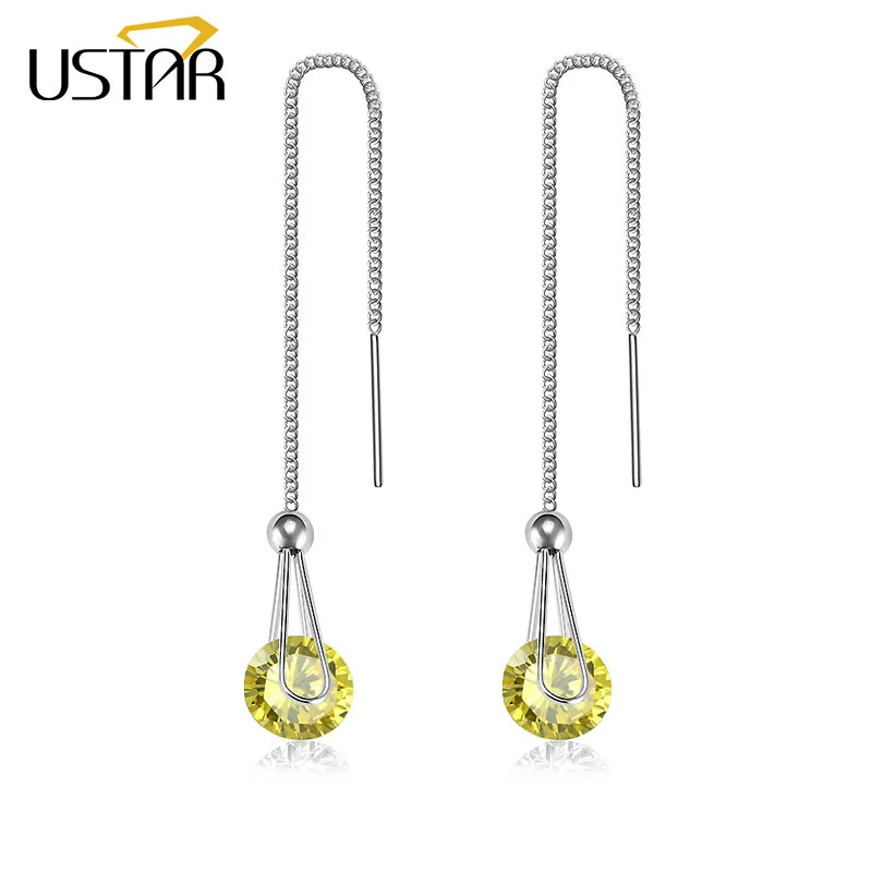 Yellow Crystal Silve USTAR, длинные женские серьги в форме капли, 2.0ct AAA, круглая огранка, кубический цирконий, свадебные ювелирные изделия, серьги-гвоздики для женщин, brincos, подарок - Окраска металла: Yellow Crystal Silve