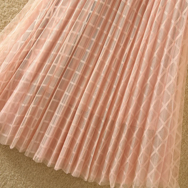 2019 spring Summer Tulle Skirt Women pleated tutu skirt beading A-line mesh midi female Two layers long elegant | Женская одежда