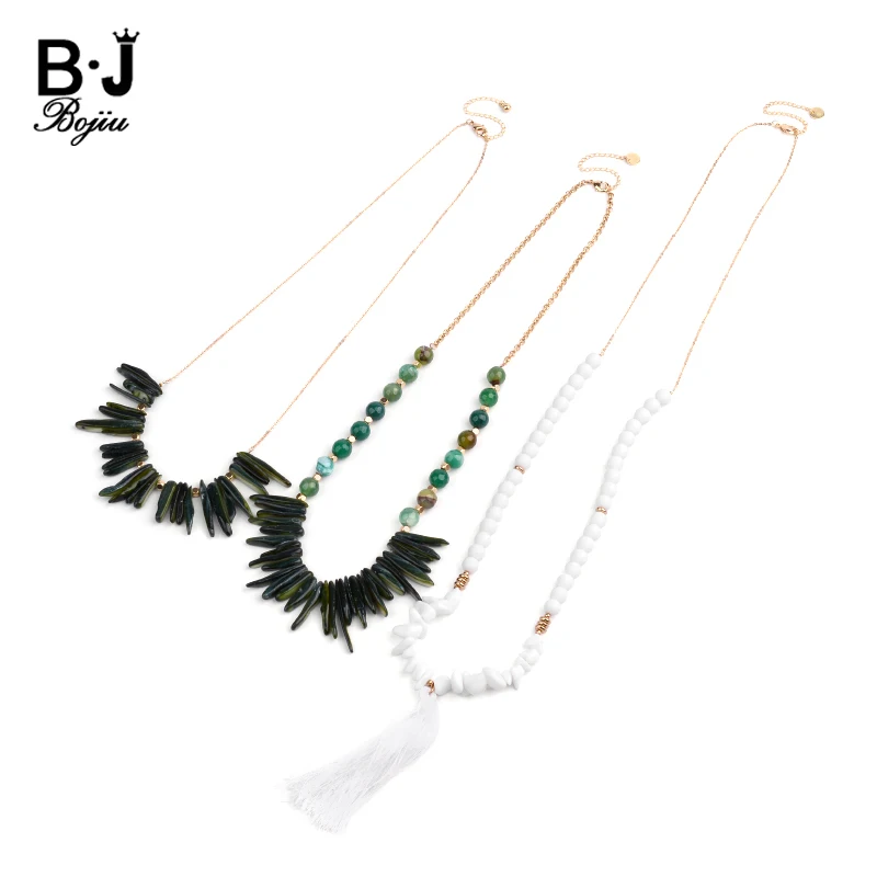 

BOJIU Bohemian Long Statement Sweater Chain Necklaces Women Adjustable Natural Stone Green Stretch Shell Gold Necklace NKS228