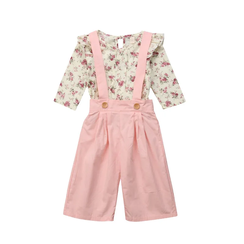 

Newesdt 2019 Pop Toddler Kids Baby Girl Floral Ruffle Tee Tops Bib Strap Pants Outfits Fashion Girls Autumn Cotton Clothes 1-5T