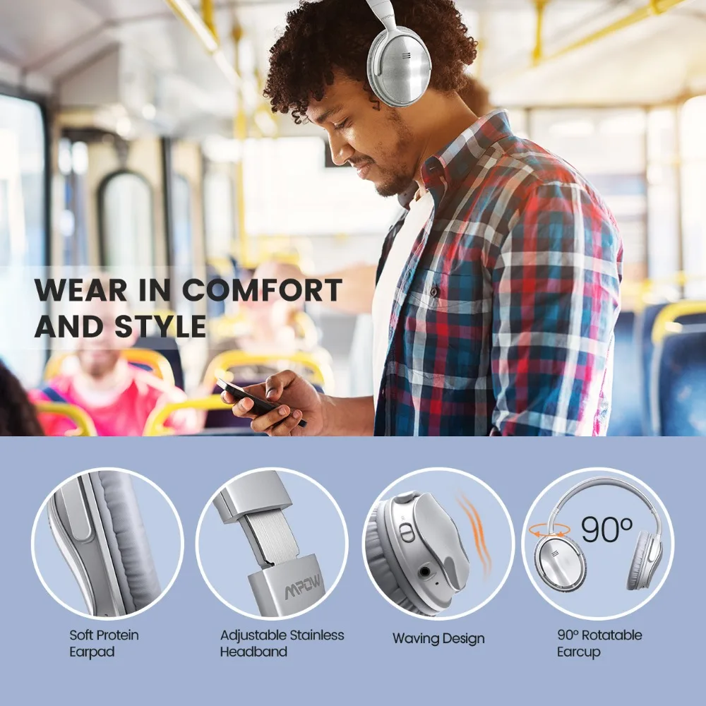 Mpow H5 серебряные беспроводные/проводные наушники Bluetooth V4.1 активная шумоподавляющая гарнитура глубокий бас для iPhone Xiaomi huawei SONY