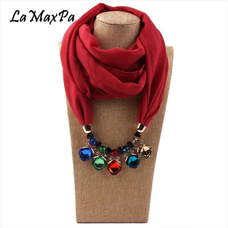 

LaMaxPa Women Pendants Necklaces Scarf Pure Chiffon Scarf Jewelry Pendant Scarf Women Bijoux Ethnique Neckerchief Mujer Bufanda