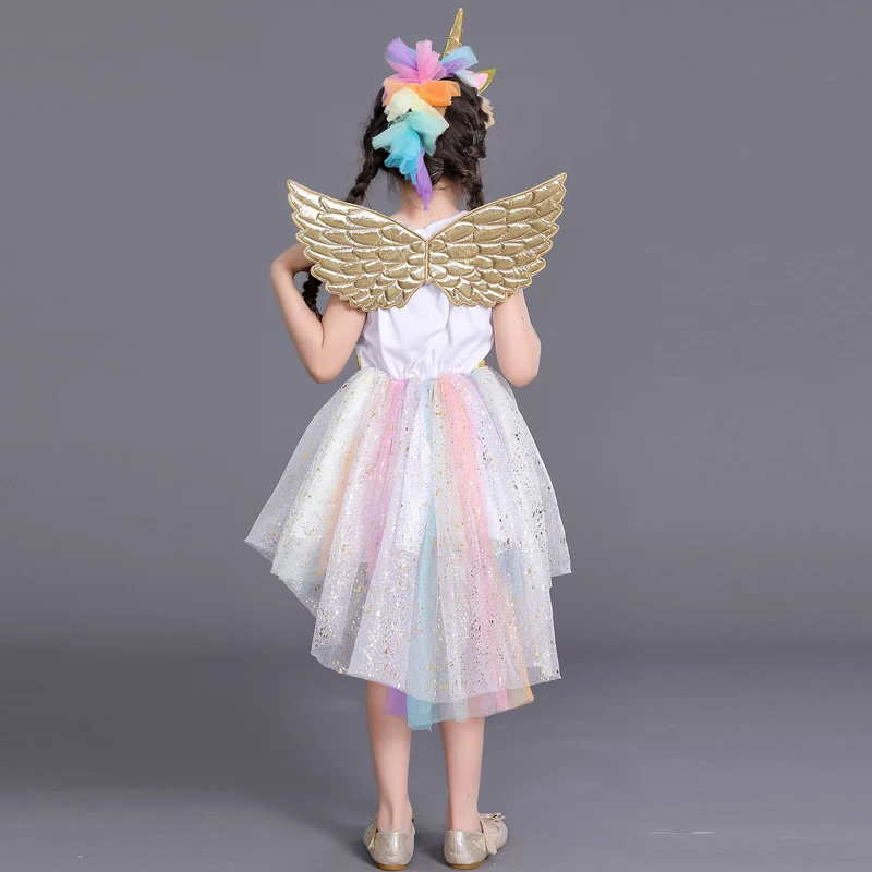 Детское летнее платье пачка с радужными крыльями и единорогом для