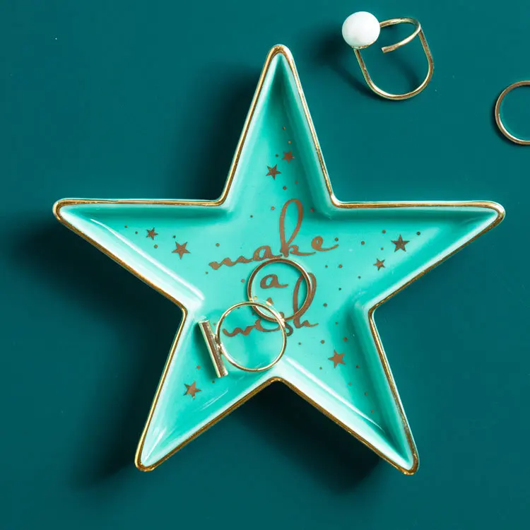 Green Star 1 шт. керамическое ювелирное блюдо кольца закуски конфеты звезда Крылья Ангела башня лотки для хранения белые чаши Свадебные украшения тарелки ремесла - Цвет: Green Star