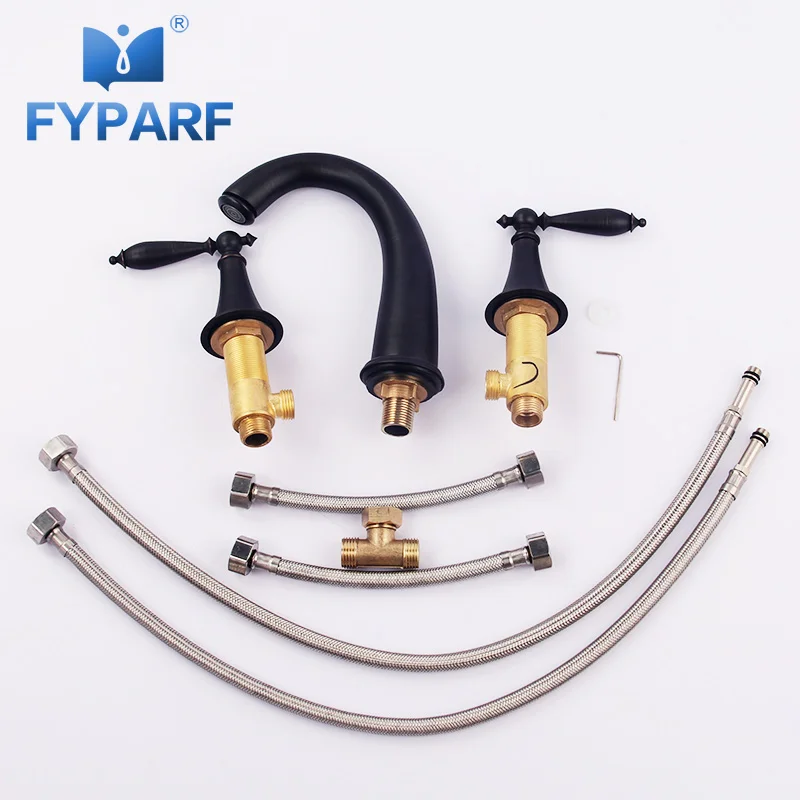 

FYPARF Waterfall Basin Faucet Brass Basin Mixer 3 Hole Bathroom Sink Faucet Deck Mounted Cold Hot Vintage Sink Faucet Mixer Taps