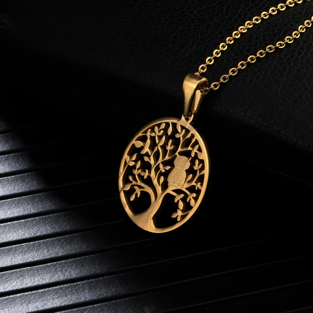 Дерево жизни сова кулон ожерелье для женщин мужчин Золотой Цвет Нержавеющая
