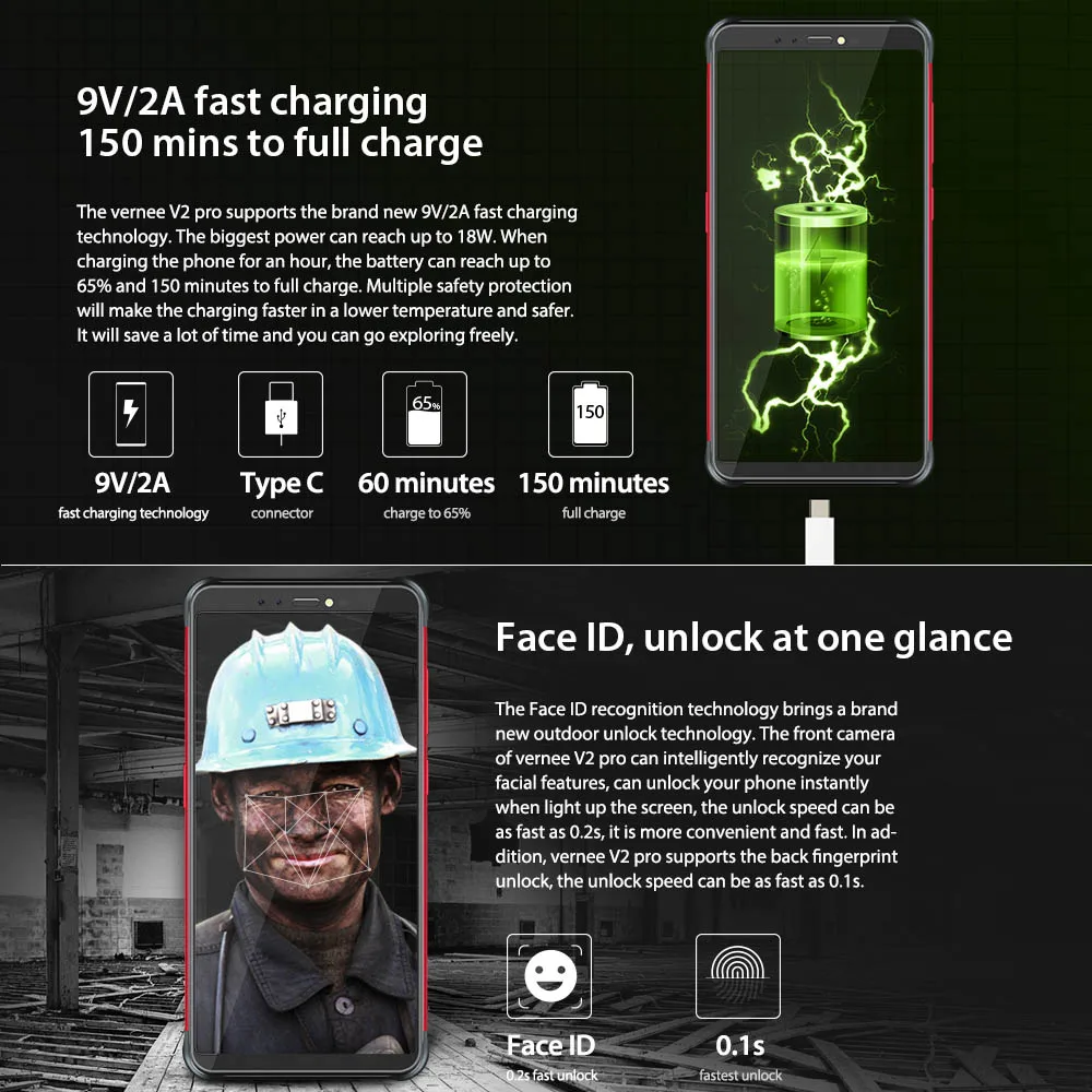 Vernee V2 Pro 4G мобильный телефон IP68 Водонепроницаемый FHD+ 2160*1080p Face ID 6 ГБ+ 64 ГБ 21 Мп+ 5 Мп 13 МП+ 5 МП 4 камеры 6200 мАч прочный телефон