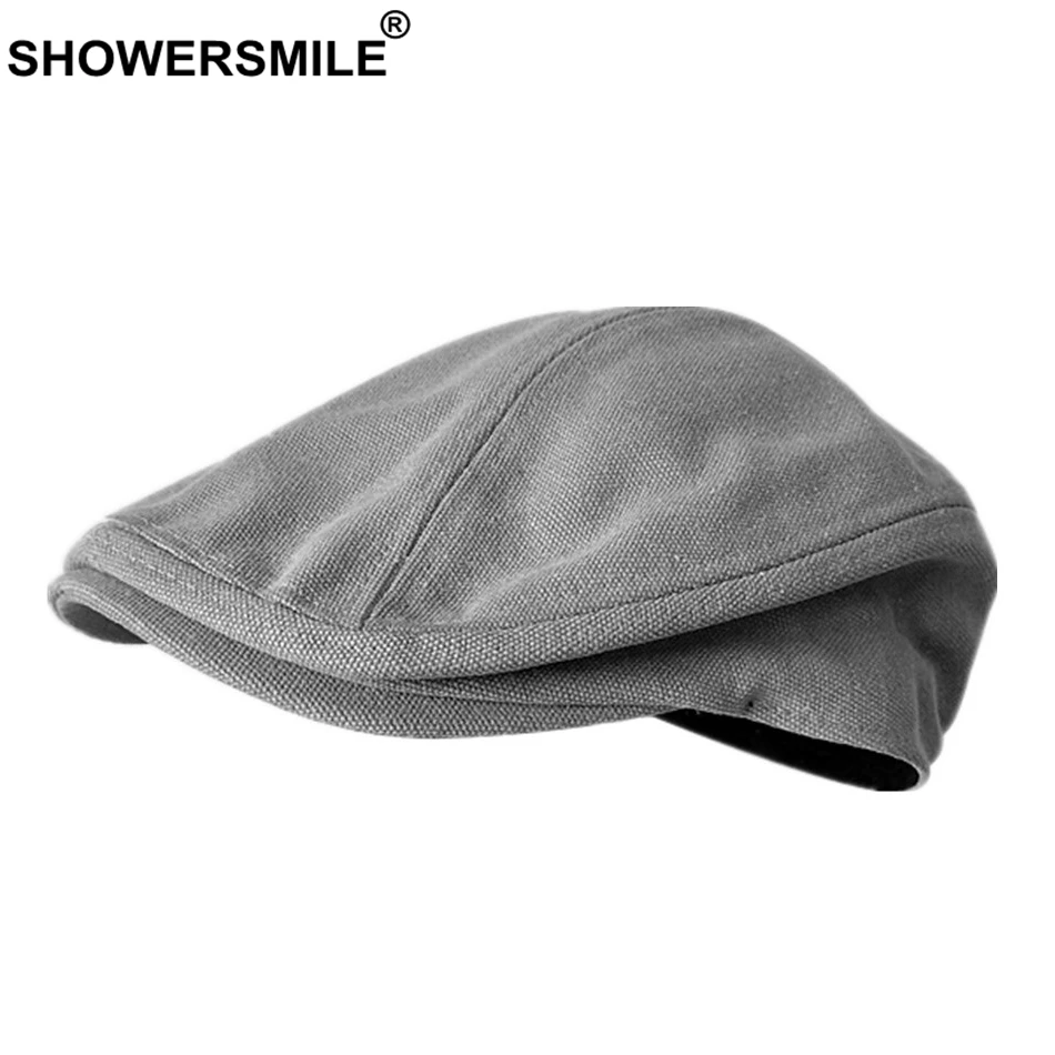 SHOWERSMILE мужские береты, хлопок, серые плоские кепки, мужские летние однотонные винтажные шапки для вождения, британский стиль Гэтсби