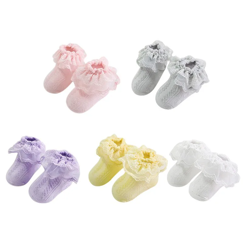 Весенние хлопковые однотонные носки для маленьких девочек с кружевным дизайном