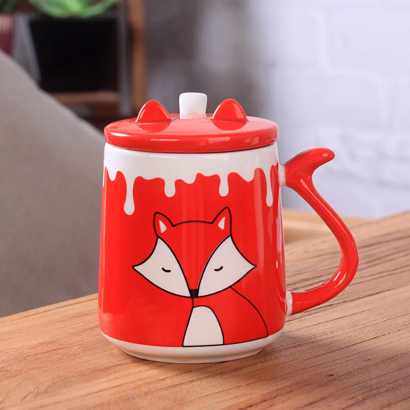 Керамическая кружка с рисунком лисы из мультфильма, с крышкой, чайная ложка, чайная чашка, кофе, молоко, чайная кружка, тассе, кафе, домашняя посуда для напитков