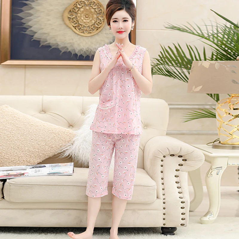 Хлопковый жилет укороченные брюки pijama для женщин Летний принт кружево дамы повседневный комплект с круглым вырезом shortless женский домашний костюм плюс размеры 4XL