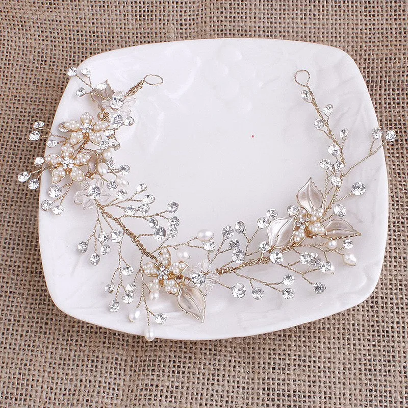 SLBRIDAL Великолепная ручная работа проводной Кристалл Стразы жемчуг цветок лист