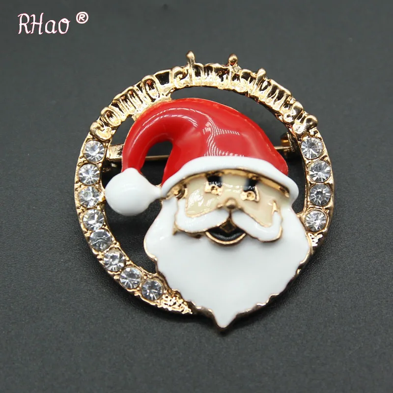 RHao новые красные эмалированные булавки рождественские броши Санта-Клаус круглая