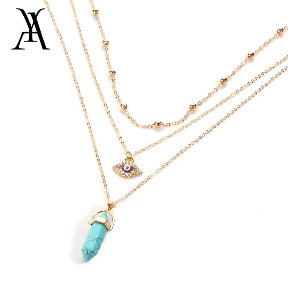 Ай Vintage Opal камень Чокеры Цепочки и ожерелья Модные многослойный кристалл кулон