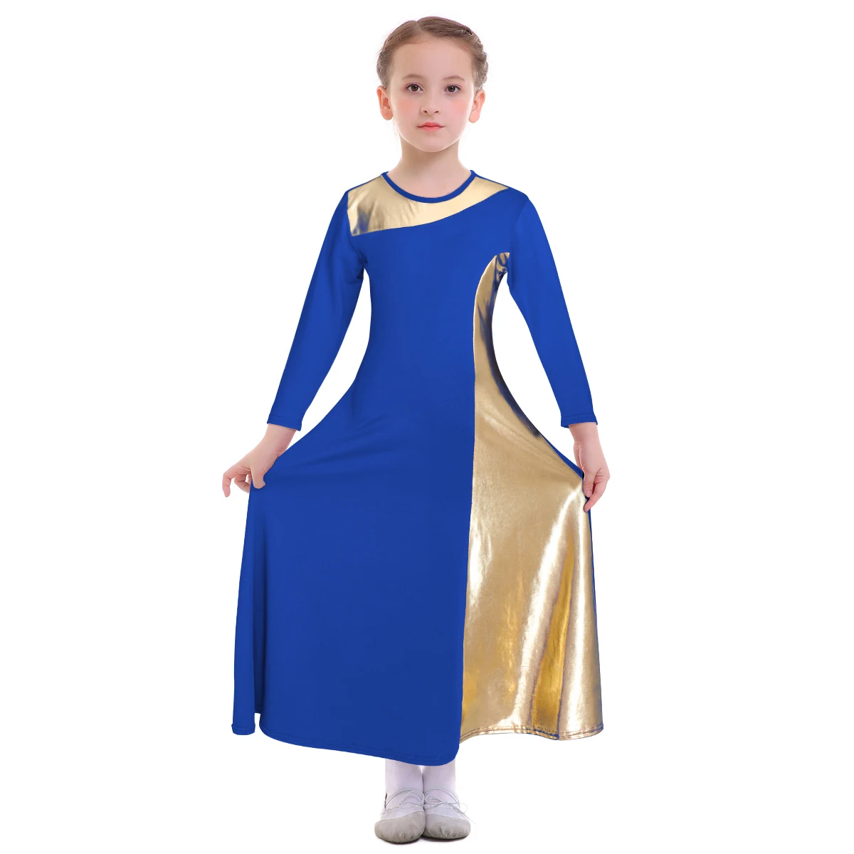 Royal Blue Элегантное разноцветное платье в стиле пэчворк для девочек; платье с длинными рукавами для литургических танцев; Детский костюм для церковного культа - Цвет: Royal Blue