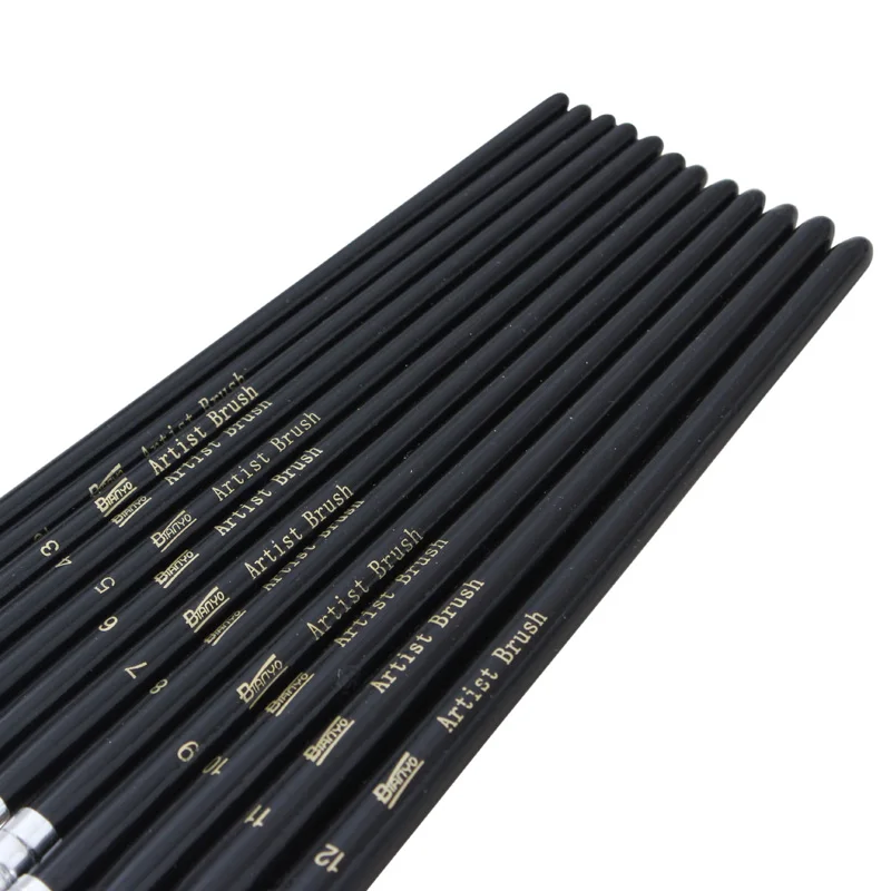 Бианьо 12 шт. черная деревянная ручка плоская головка набор акварельных кистей