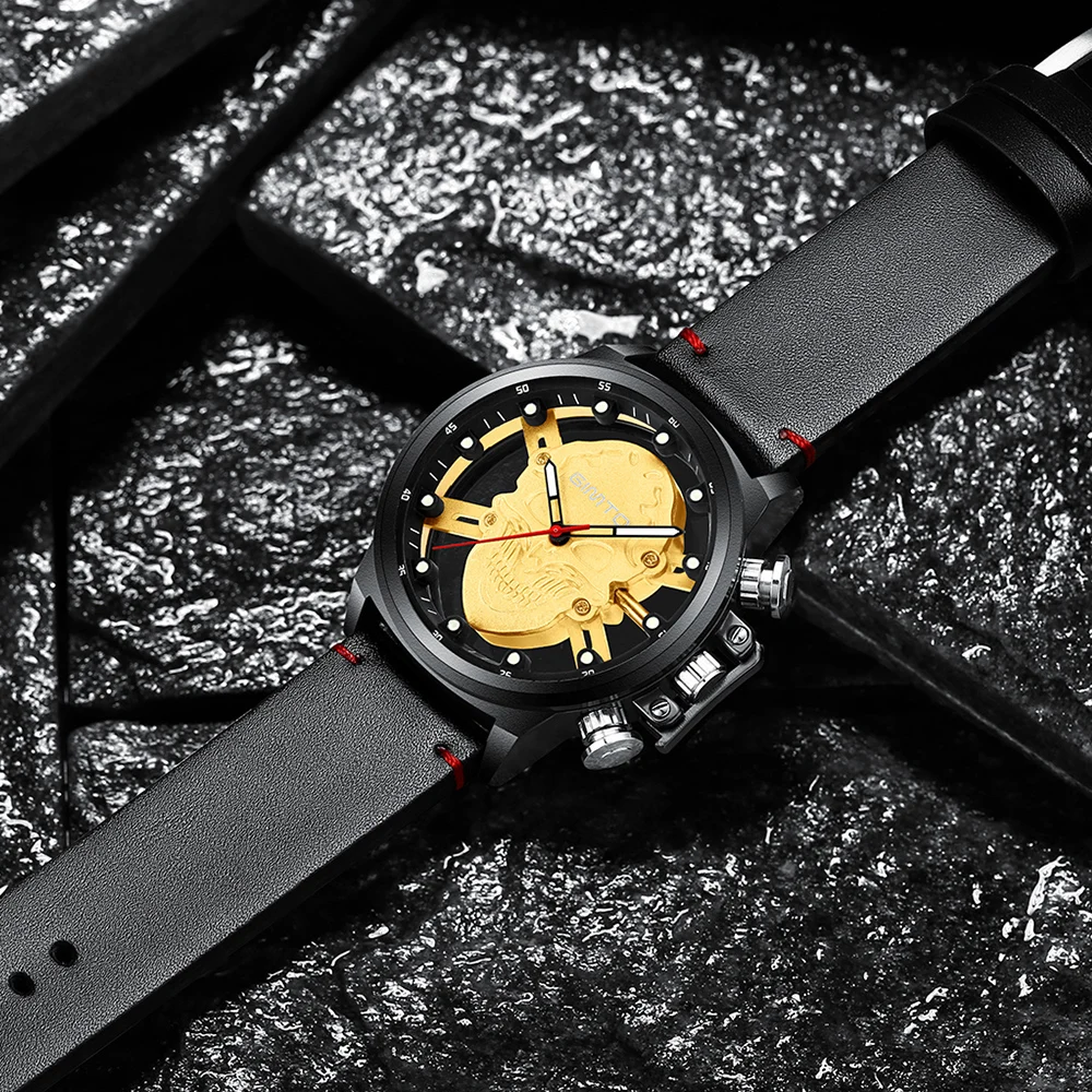 Мужские наручные часы GIMTO Роскошные Кварцевые в стиле панк с черепом кожаным