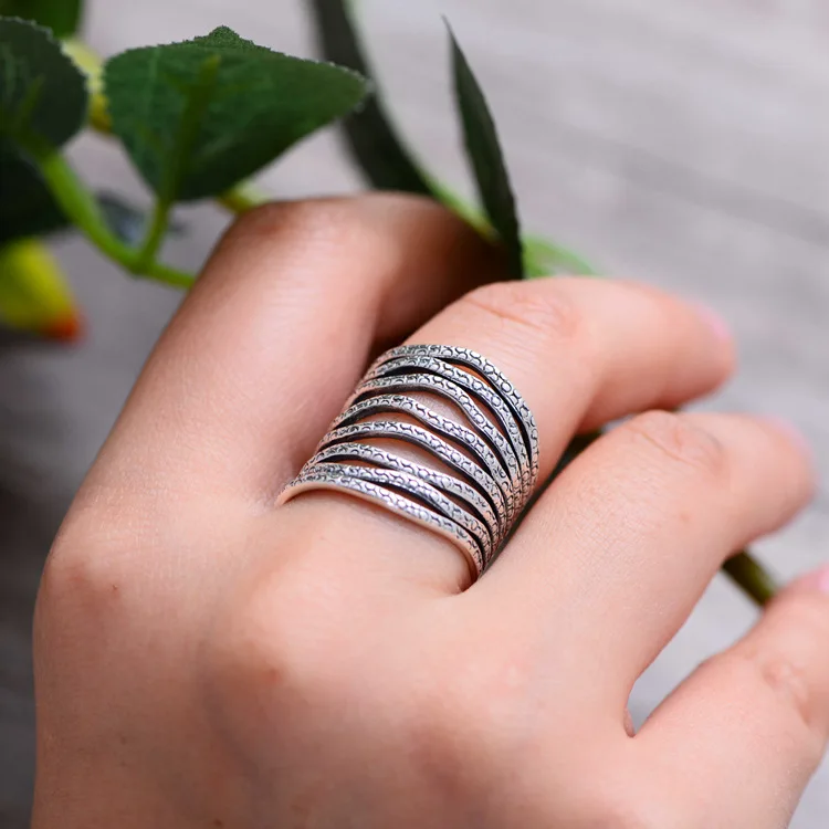 

MetJakt Vintage Irregular Pattern Rings Solid 925 Sterling Silver Resizable Ring with Zircon for Women Party Wedding Jewelry