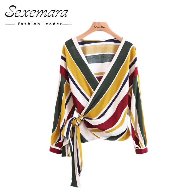 Женская блузка в полоску летняя и осенняя рубашка с поясом модная офисная