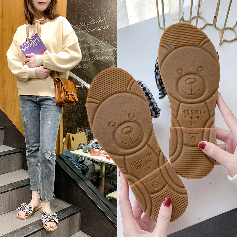 Полоса галстук бабочка женские шлепанцы с открытым носком на плоской подошве