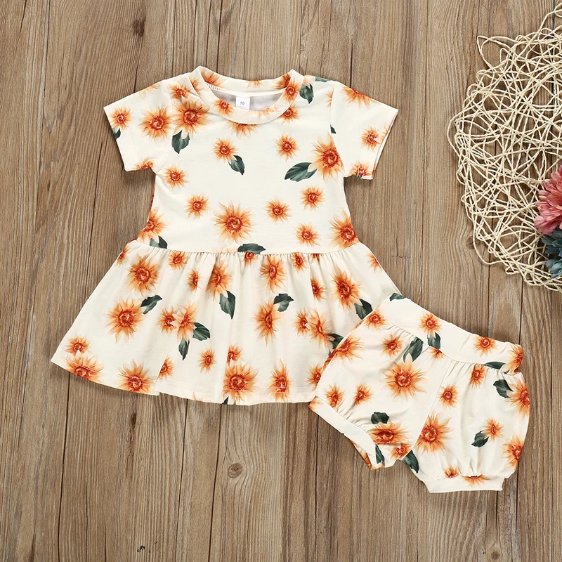 Baby Girl Clothes Set Summer Sunflower Dress+Shorts Two-piece Toddler Infant Girls Clothing Sets Floral Newborn Outfit 2pcs | Детская