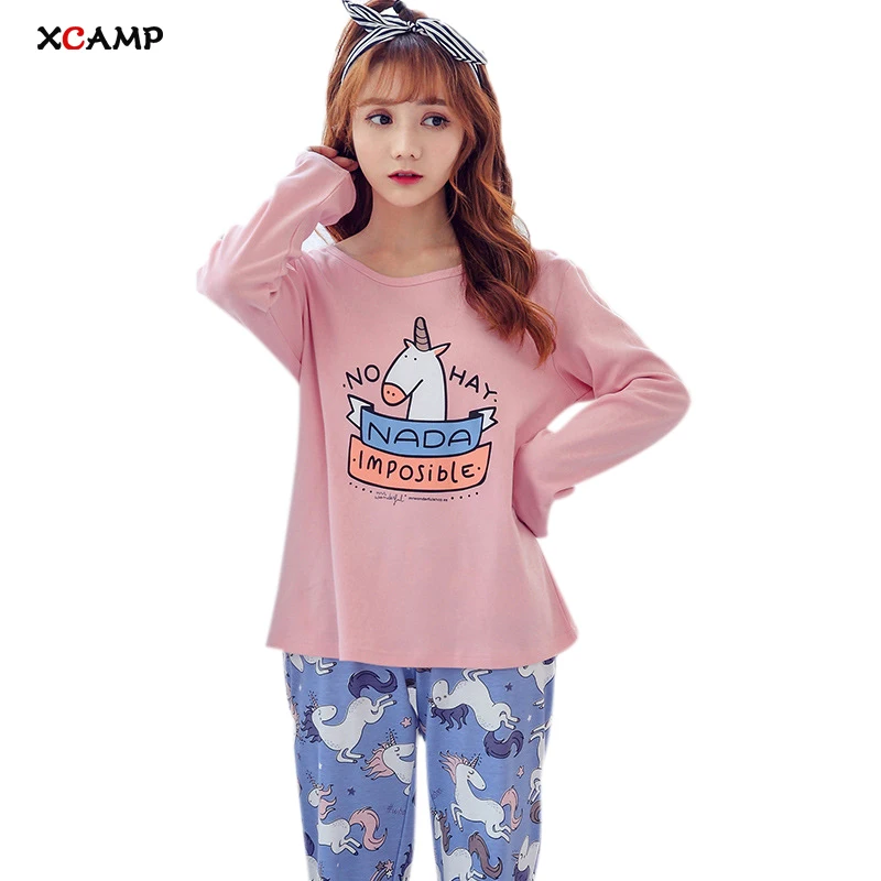 XCAMP 2018 Топ розовая пижама Хлопковая Единорог ночная рубашка Осень Зима Ночная нижнее белье набор новая