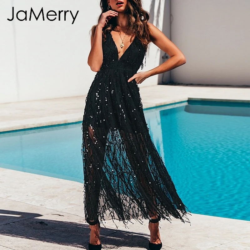 JaMerry сексуальное кружевное длинное платье с v-образным вырезом и пайетками