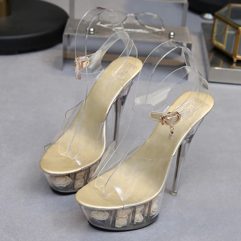 Женские туфли на высоком каблуке 15 см 6 цветов прозрачные с цветами розы сандалии