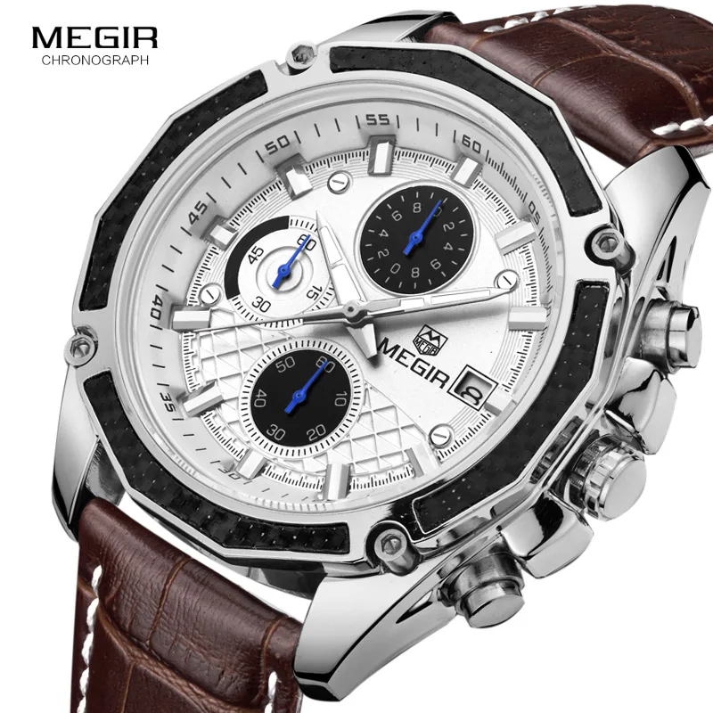 

MEGIR quartz male watches Genuine Leather watches racing men Students game Run Chronograph Watch male glow hands for Man 2015G