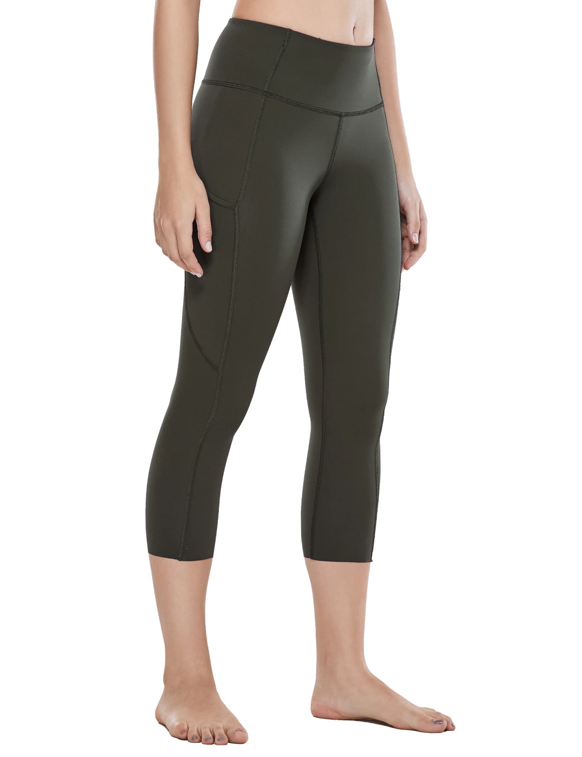 Olive Green08 Женские обнаженные ощущения Высокая талия Капри колготки спортивные Леггинсы с боковыми карманами-19" - Цвет: Olive Green08
