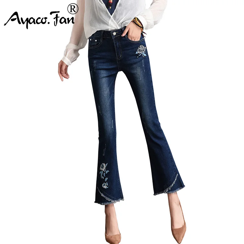 Винтажные расклешенные брюки до щиколотки с цветочной вышивкой для студентов