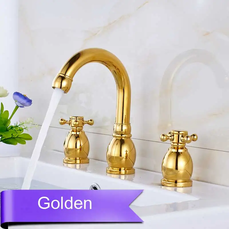 Golden Широко распространенный кран для бассейнов для ванной с двойной ручкой смеситель для раковины кран на бортике 3 отверстия горячий холодный кран - Цвет: Golden
