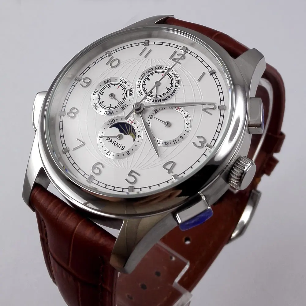 Часы Parnis 44 мм с белым циферблатом и серебристыми ручками многофункциональные