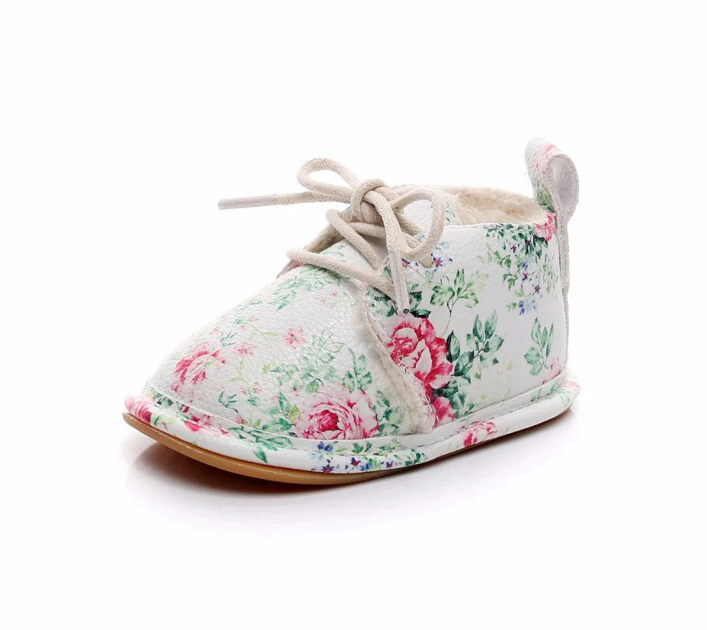 VIP Dropshiping lace up floral printing baby moccasins super warm PU leather fur winter baby shoes toddler girls boys snow boots